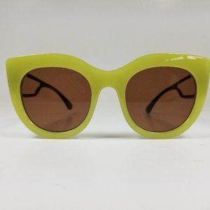Rounded cat eye sunglasses with clear window detail on the arms